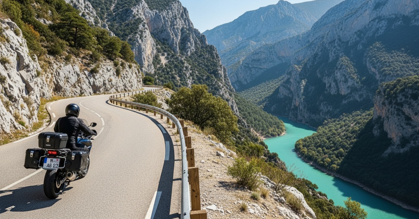 Moto sur une route de montagne au-dessus des Gorges du Verdon